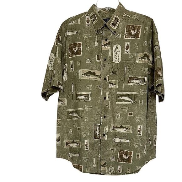 Roundtree & Yorke Outdoors Men's Large Fish Print Short Sleeve Button Down Shirt - Picture 1 of 8